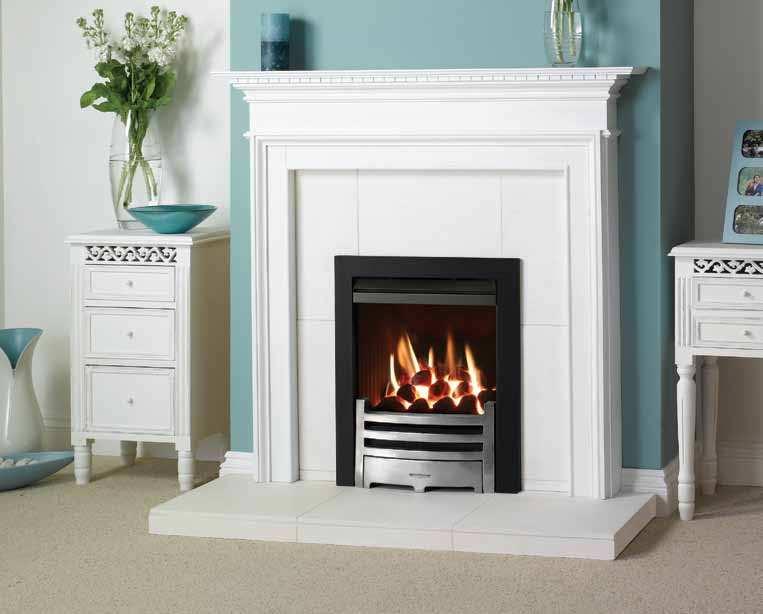 Logic HE Conventional flue fire, coal fuel bed and Highlight Polished Arts front with Matt Black Box Profil2 frame. Also shown: Small Kensington mantel from Stovax.