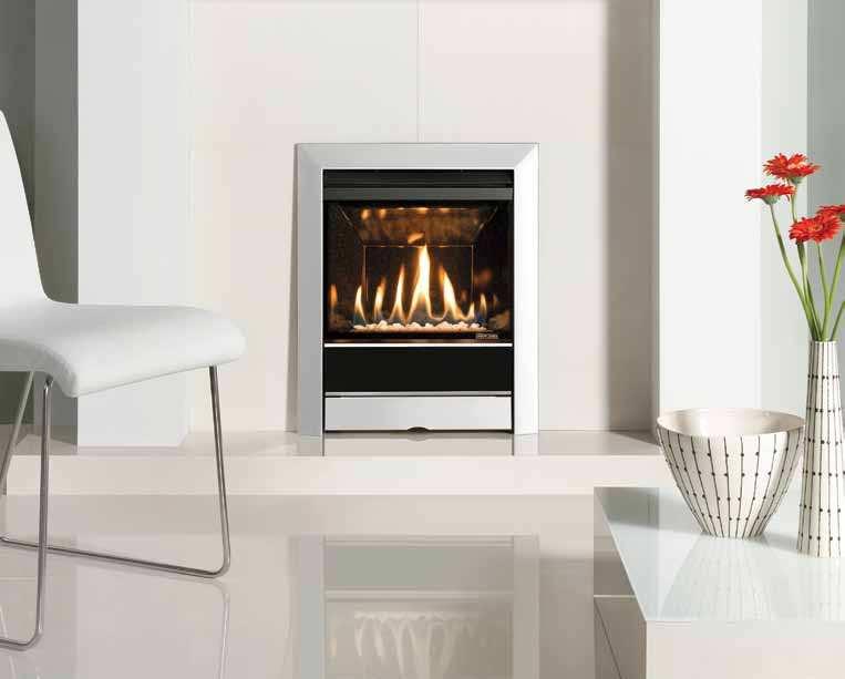 Logic HE Balanced flue easyfit Slimline Firebox Logic HE Balanced flue fire, white stone fuel bed and Polished Stainless Steel complete Tempo front (GB Patent application No: 1108451.