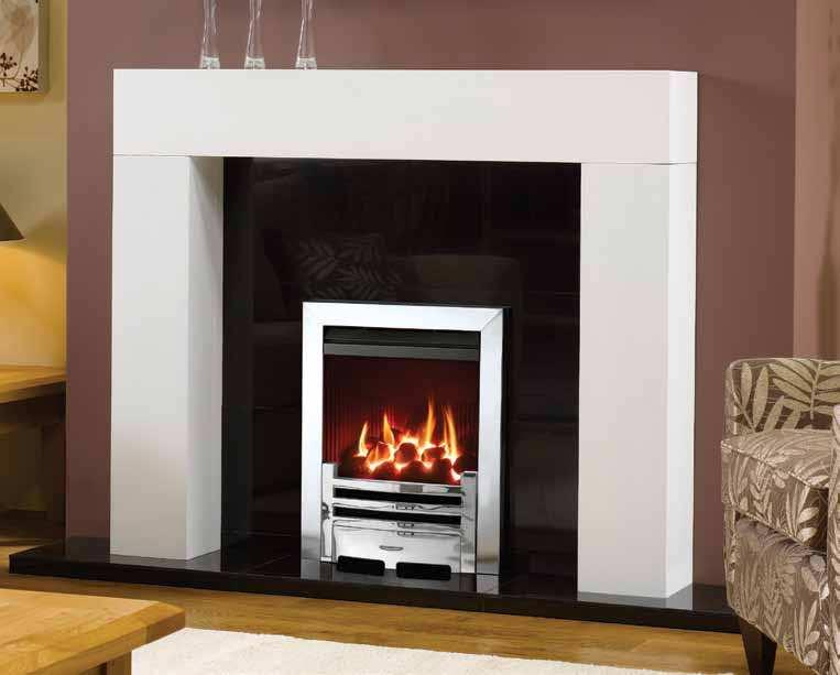 Logic HE Balanced flue fire, coal fuel bed, with Pollished Chrome-effect Arts front and Polished Stainless Steel-effect Box Profil2 frame. Also shown: Malmo mantel from Stovax.