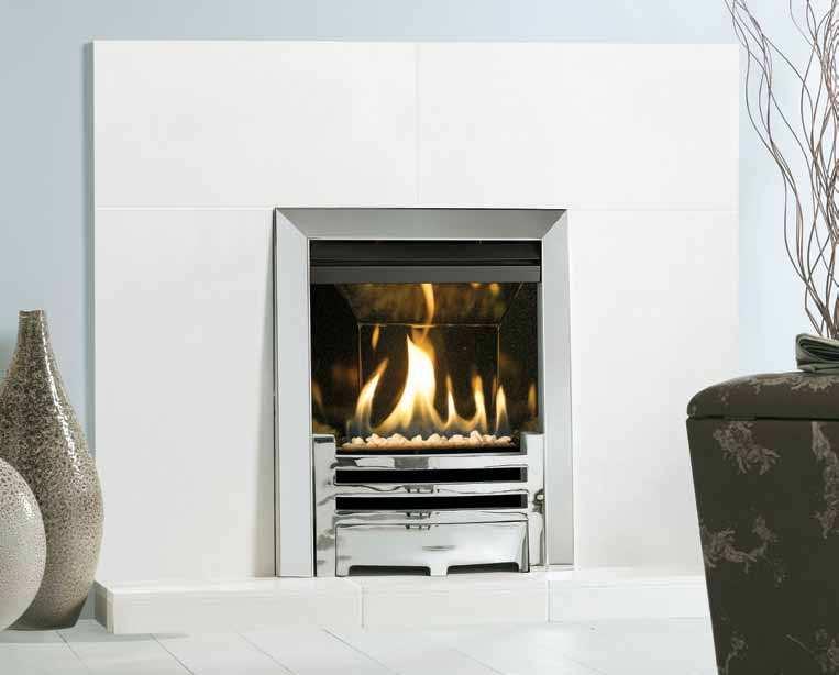 E-Studio TM E-Studio fire with Polished Chrome-effect Arts front and Polished Stainless Steel Arts2 frame. Also shown: Parisian White fireplace surround tiles (available from Gazco).