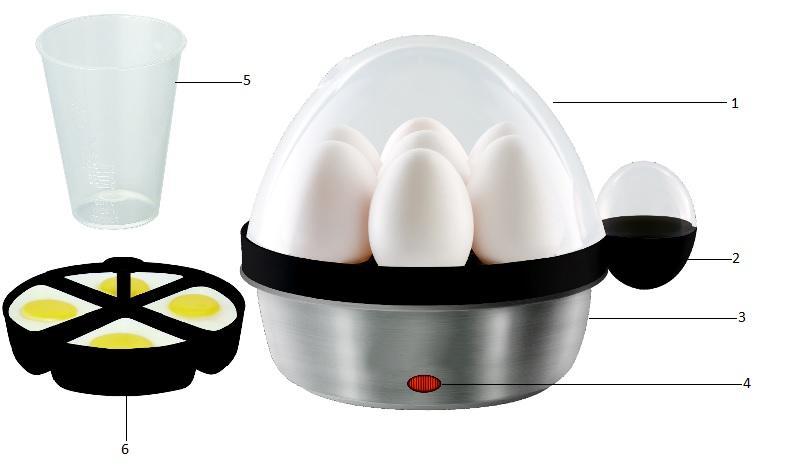 GETTING TO KNOW YOUR ELECTRIC EGG COOKER Features and Benefits 1) Lid: Stylish rounded lid with steam vent. 2) Cooking Tray: Holds up to 7 eggs in shells to cook hard, medium or soft.