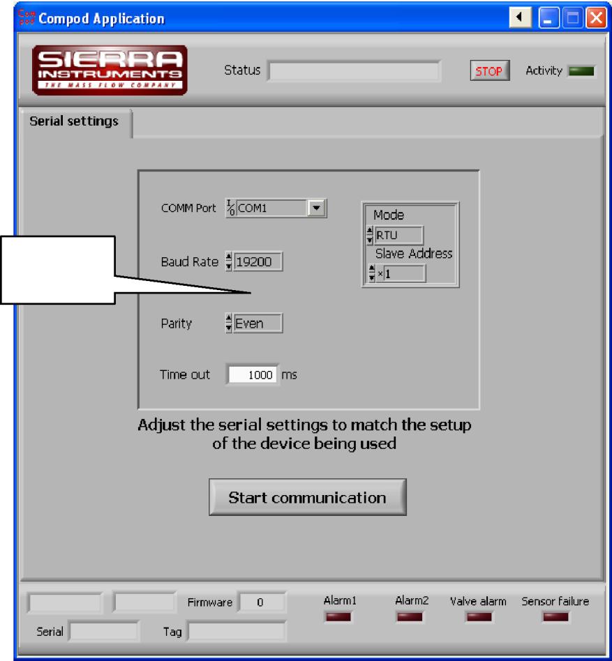 COMPOD APPLICATION The application starts with the following screen: Communication setup Start by selecting the correct COMM port.
