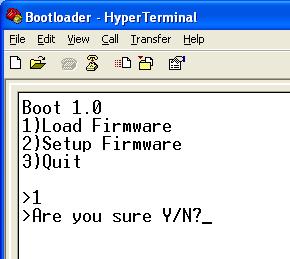 When the boot loader is activated successfully the following menu will be presented on the screen: The version of the boot loader is shown and three options.