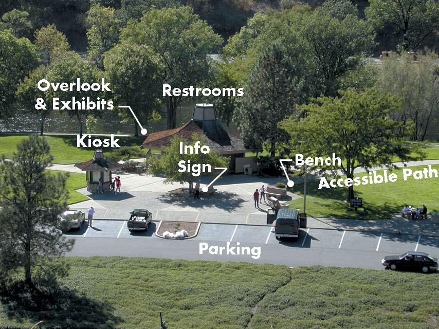 Elements Overlooks may contain multiple improvements including parking areas, approach signs, directional signs, site ID signs, dumpsters, restrooms, interpretive kiosks and signs, accessible