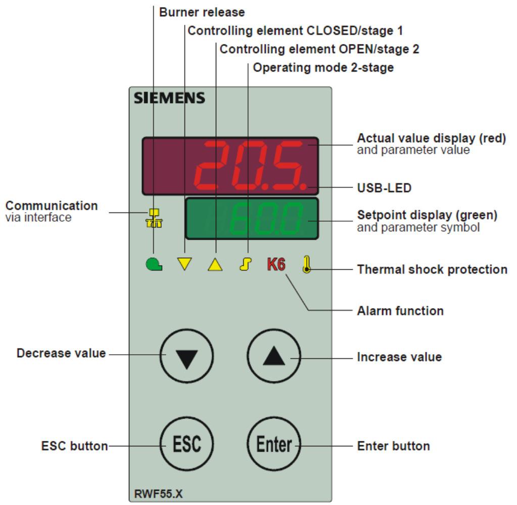 TEMPERATURE CONTROL TEMPERATURE ADJUSTMENT MODULATING MODELS (RWF55 ELECTRONIC THERMOSTAT) All modulating models are fitted with an RWF55 electronic thermostat which has the following features: The