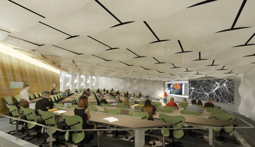The ceiling and walls are custom-made acoustic panels that angulate throughout the space.