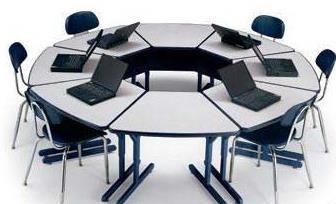 The round collaboration desks are designed