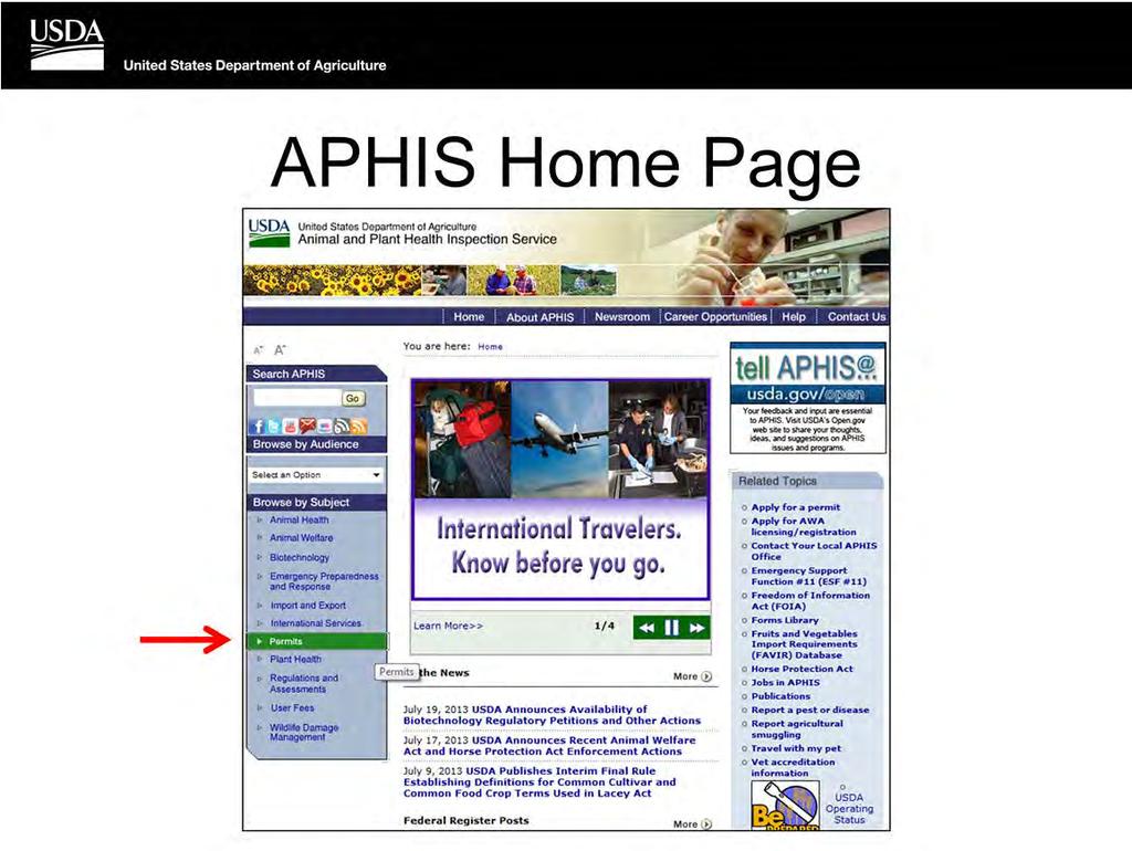 Clicking on the Permits link in the left hand column of the APHIS