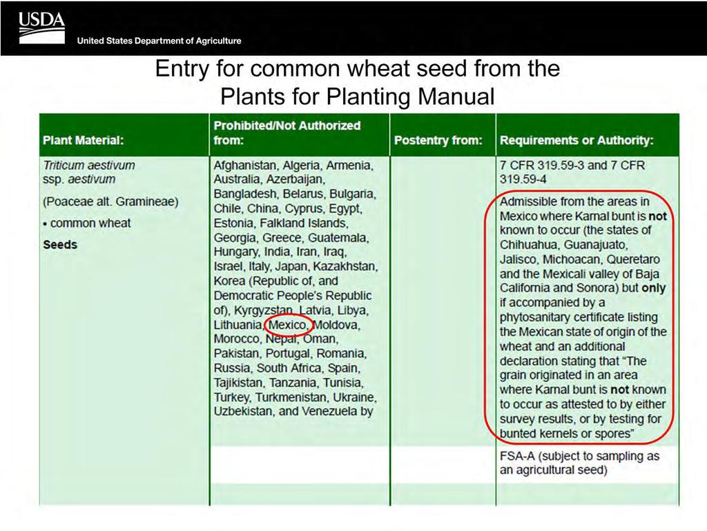 First of all, the fact that the species is listed in the Plant Material column indicates that wheat is not a Generally Admissible species.