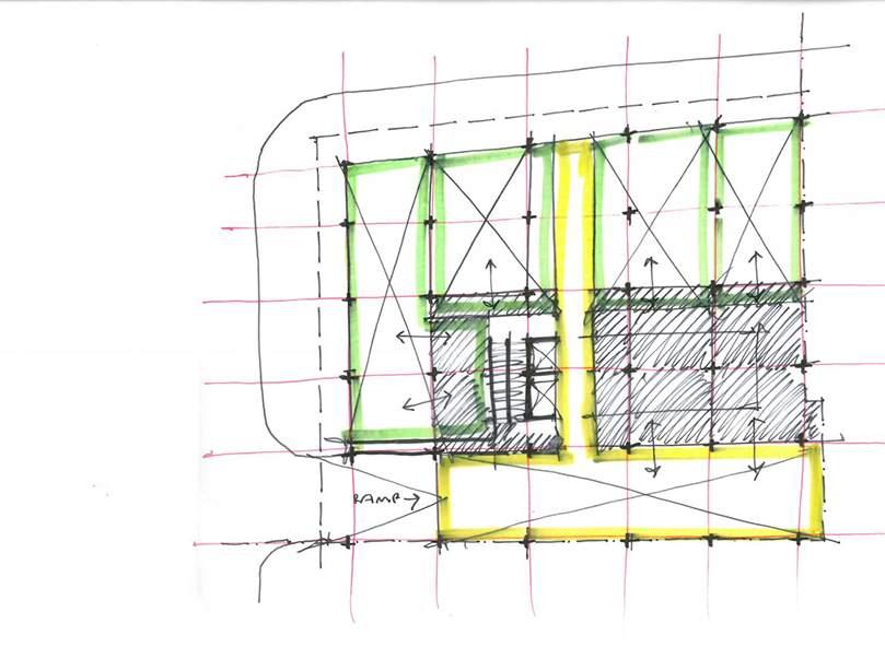 Above: PARTI Plan sketches - Ground fl oor (left), Commercial spaces in green Residential