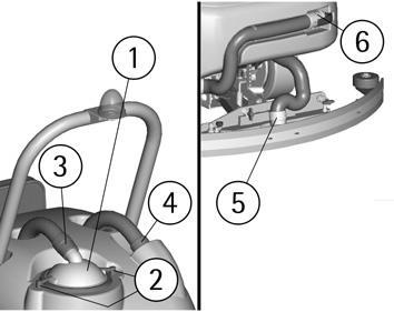 Verify also that the squeegee hose couplings (4/5) are correctly inserted into their seats and that the exhaust hose plug (6) is placed in the lower rear part of the machine.