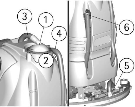 Verify also that the squeegee hose couplings (4/5) are correctly inserted into their seats and that the exhaust hose plug (6) is placed in the lower rear part of the machine.
