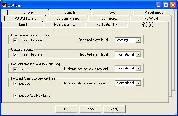 Configuring Alarms Alarms Filtering and Routing Alarms filtering and routing is managed from the main menu option, Tools Options... dialog. Select the Alarms dialog tab.