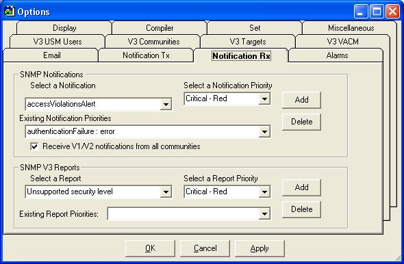 The dialog is separated into two areas: The SNMP Notifications area controls the mapping of received SNMP notifications by any operational Notification Receiver to a certain alarm level.