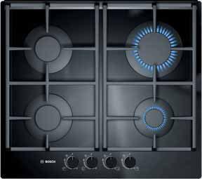 52 Gas hobs Classixx 4 burner gas hob with hard glass base PPP616B90E frameless Classixx 5 burner gas hob with wok style central burner PCR915B90E brushed steel Tempered black hard glass base 4 gas