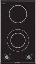 zone Variable 9-stage power settings for each zone Automatic safety switch-off Can be installed with other Bosch Logixx hobs 2 zone Quick-Therm hob with black ceramic glass base and brushed steel