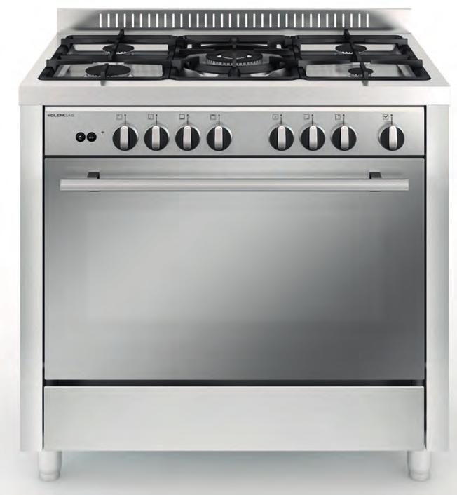 Matrix 90x60 M965GI Inox 98L Gas oven Gas grill Turnspit 1 grid 1 drip tray Cooking functions: M965GI 5 gas burner (1 triple ring burner) 76 86-91 STANDARD FEATURES: Without lid, with splash-back
