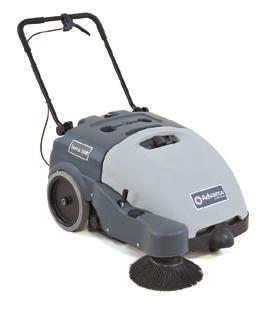 Terra 28B Walk-Behind Sweeper 28 inch sweep path Maintenance free gel battery standard Quiet operation at 59 db A Standard onboard battery charger Tools-free removable brooms and hopper Rugged,