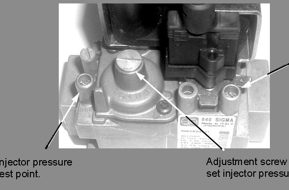3.4.2 SIT Sigma 840 Series Gas inlet test point. Injector pressure test point Adjustment screw under-cap to set injector pressure 3.