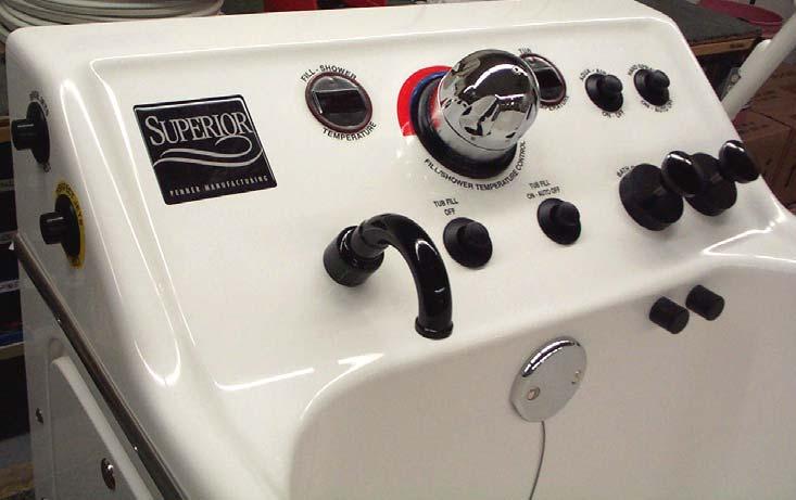 Superior Tub Controls 1 2 3 4 5 6 7 8 9 10 11 12 13 14 15 16 1. Disinfect Button 2. Rinse Button 3. Filling Spout 4. Fill / Shower Water-Temperature Readout 5. Tub Fill OFF Button 6.