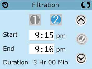 ADJUSTING FILTRATION Main Filtration Using the same adjustment as Setting the Time, Filter Cycles are set using a start time and a duration. Each setting can be adjusted in 15-minute increments.