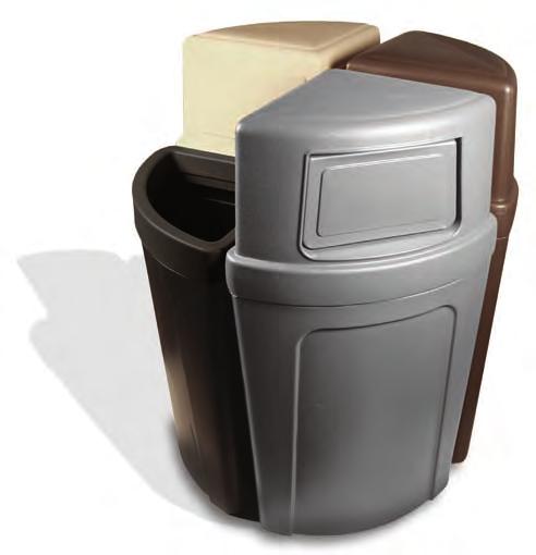 WASTE COLLECTION receptacles, lids & accessories A] corner round Fits into corners to utilize space. This durable plastic design will not rust, peel or fade.