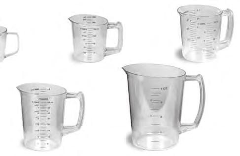 These measures have a self-draining bottom and an I-Beam handle with thumb grip control. Designed with deep handle widths to prevent burns when transferring hot liquids.