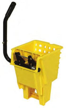 Extended handle design for leverage and comfort. Utilizes gears to increase leverage and reduce fatigue. Wringer nests in bucket for economic storage and shipment.