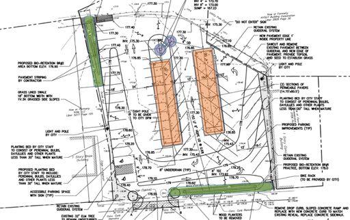 Figure 1: Engineering plans for the South lot, with bioretention areas (green), pervious pavers (orange), and dry wells (purple) highlighted (Barton & Loguidice 2015).