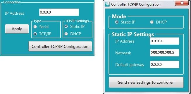 TCP/IP connection Static IP Address 1. TCP/IP configuration Click this button. This is used to send new settings to the controller. 2. Static IP Select Static IP 6.