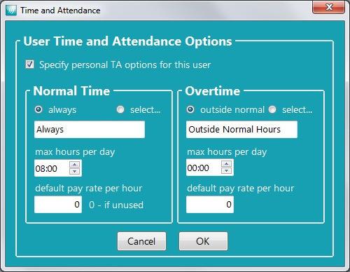 User Time and Attendance Options Customize T&A Options Select this box to enable all fields of Normal Time and Overtime for this user.