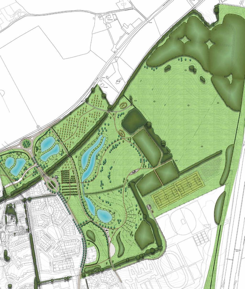 To support this our masterplan will include: More than 30 hectares of green, open space accommodating different recreational uses Structured planting to complement the existing vegetation framework