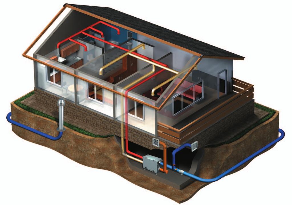 GEO VENTS SYSTEM DESCRIPTION AND STRUCTURE SYSTEM ARRANGEMENT EXAMPLE IN BUILDINGS WITH BASEMENT FLOOR Mounting the geothermal ventilation system in a building with basement floor is always combined