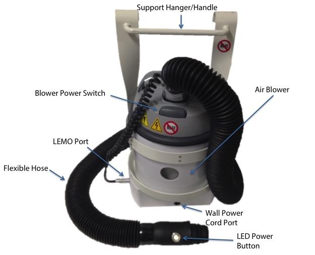 Figure 2.4 shows the air blower and hose as well as important features of the blower. Figure 2.4 Zephyr Air Blower and Hose 2.2.2.1 Hose LED Power Button The blower is operated using the LED Power Button on the hose connector.