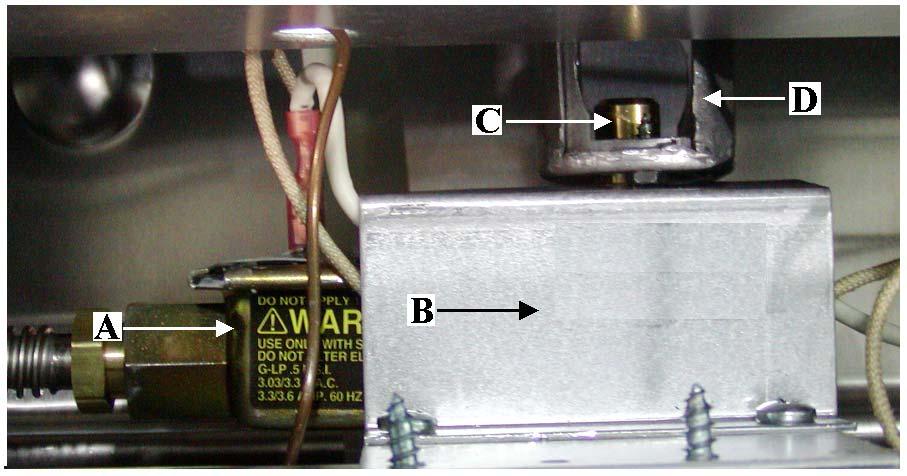 A Griddle Gas Valve B Heat Shield C Orifice Hood D Air