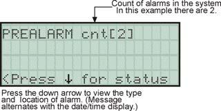 Prealarm A single detector trips in a 2- Count zone. (2- Count means two detectors must trip before an alarm is reported.) Touchpad PZT beeps. The LCD displays a screen similar to this one.