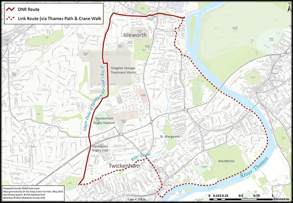 Map showing the DNR (solid red) and the linkages to the Thames path and Crane Walk (dashed red) Approximately one third of the river is in LB Richmond and the remainder in LB Hounslow.