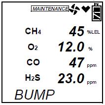 To view the bump test gas readings press the AIR or (SHIFT) button. You can scroll between the bump test results and the bump test gas readings with the AIR or (SHIFT) buttons.