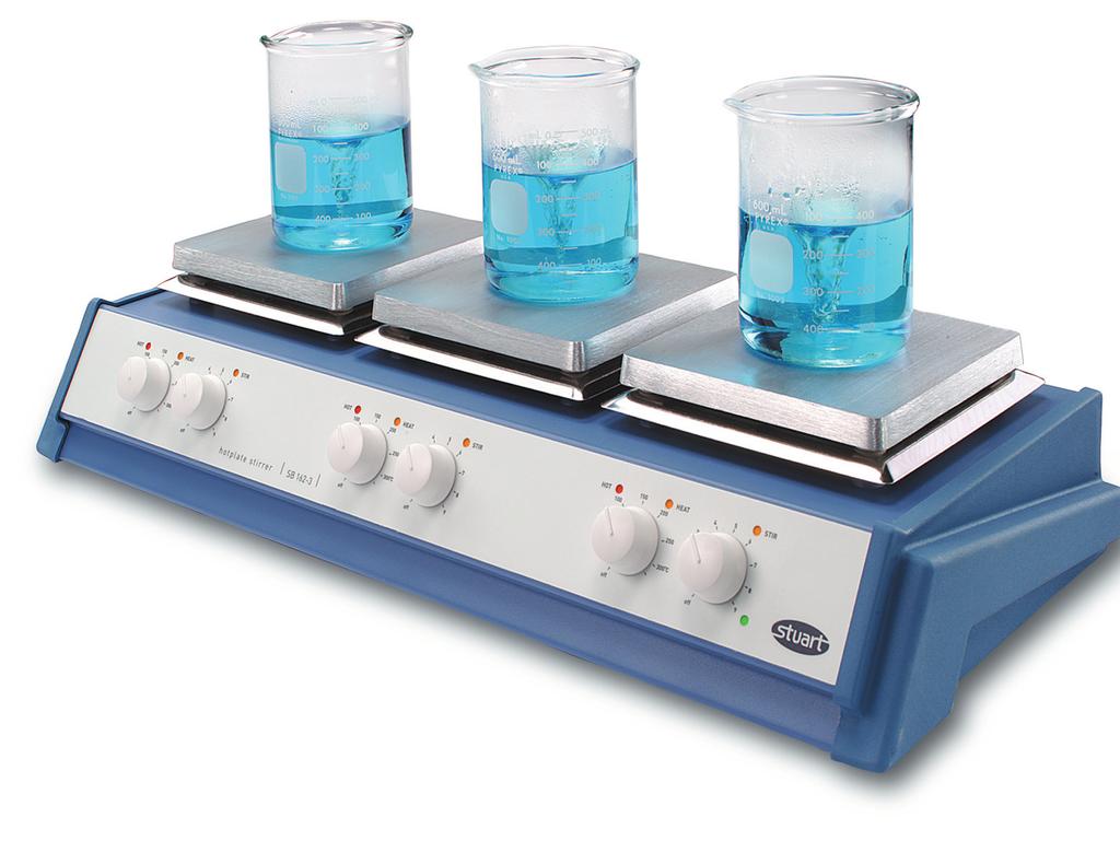 Three independently controlled stirring/ heating positions Separate Hot warning lights for each plate Powerful magnets for strong magnetic coupling Easily accommodates 3 x 2 litre beakers.