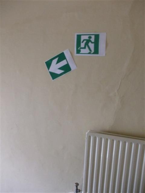 Fire escape stairs should not have slippery surfaces and should have colour contrasting nosings. Fire escape signs should be the lit type.