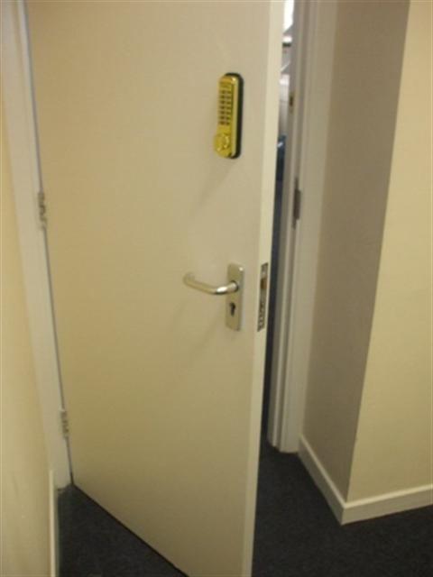 Genric Fire Escape Door from Ground Floor: Push to release handles should be fitted to fire doors as keys are not suitable means of