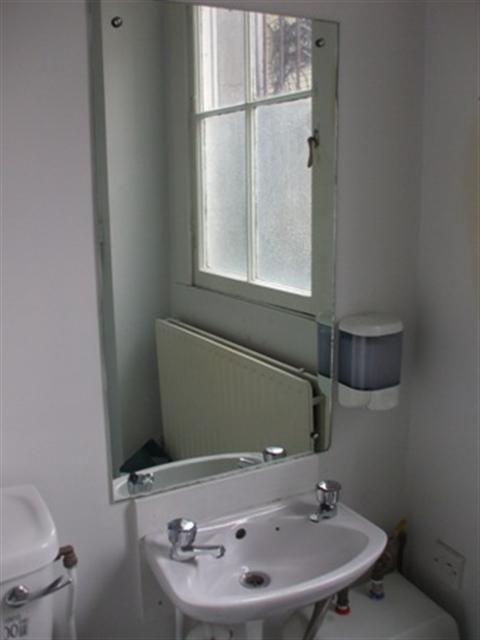 handrails on either side of the sink and mirror.