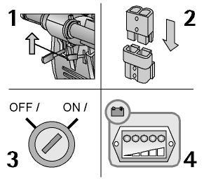 PERFORMANCE 1. SETTING FOR WORK 1. Set the machine up for operation. 2. Check that the parking brake is released (1). 3. Connect the connector to the batteries (2). 4.
