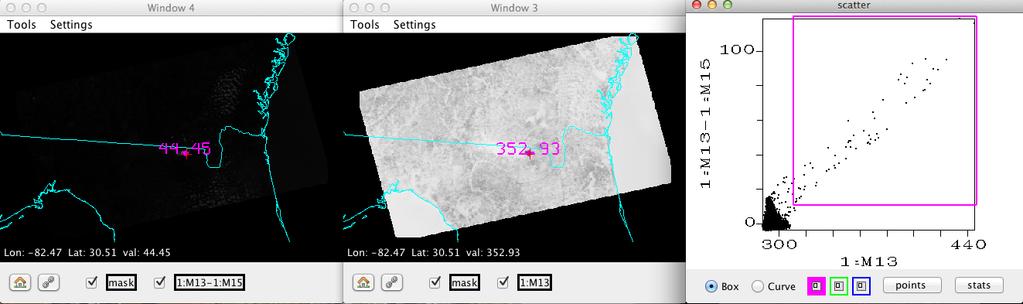 Figure 3: Hydra screen capture of VIIRS (M-Band 13 (4.0 µm) M-Band 15 (10.7 µm)) brightness temperature differences (left panel), M-Band 13 (4.