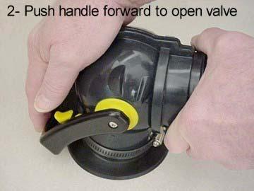 Open the hose end valve (handle) and place the head of the sewer hose into the disposal opening.