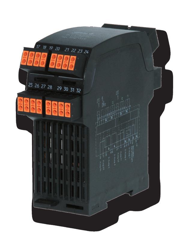 Available as an option with double terminals + LED status display + Adjustable delay times for safety output 4 + Suitable for sensors with 2 NO system, input 4 also suitable for NO/NC system +