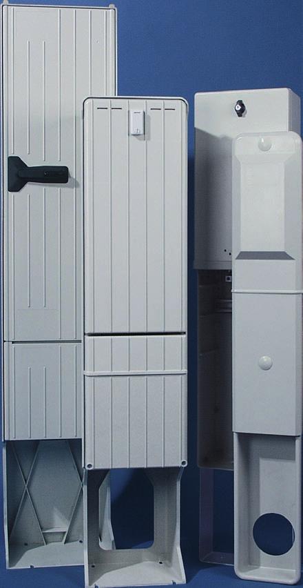 Page 9 Hinged doors with three point locking system with swivel lock, prepared for standard profile semi cylinder locks Threaded inserts M10 made of stainless steel moulded in the back panel enable