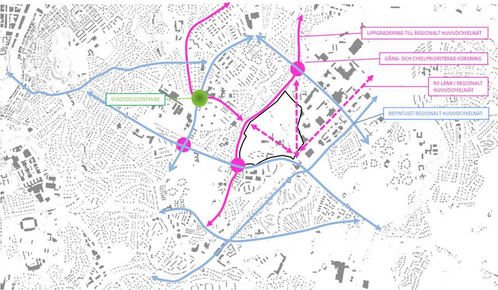 Figure 10 Proposal for improving the bicycle route network in the Brøset area. Cyan: existing routes that should be upgraded / improved.