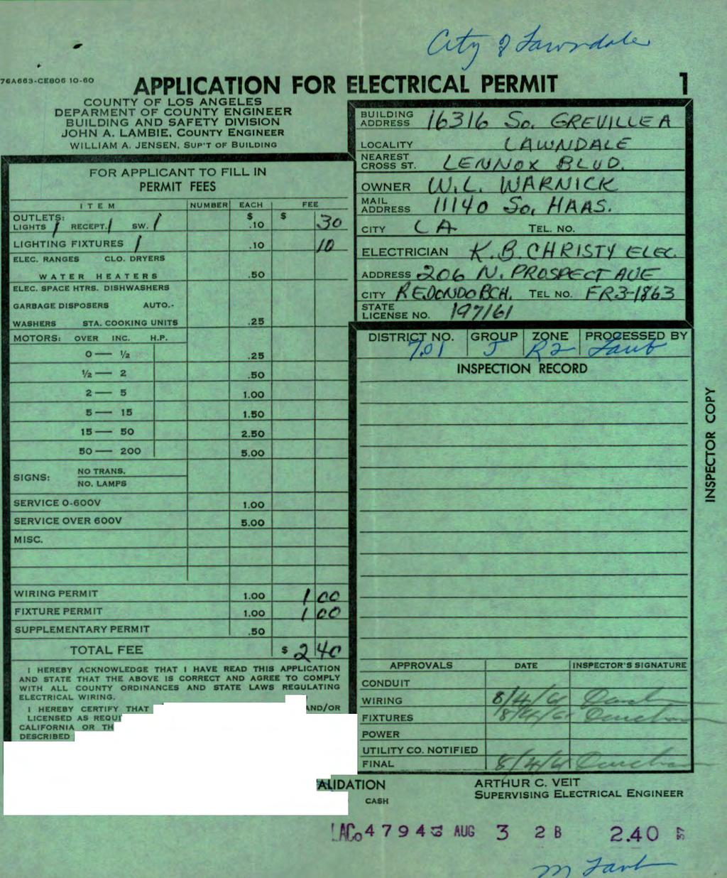 7«Ae63.ClSOe 10-60 APPLICATION FOR ELECTRICAL PERMIT 1 DEPARMENT OF COUNTY ENGINEER JOHN A. LAMBIE. COUNTY ENGINEER Wl LLIAM A. JENSEN, Sup'T OF BUILDING OUTLETJ HZC^PT.f 6W.