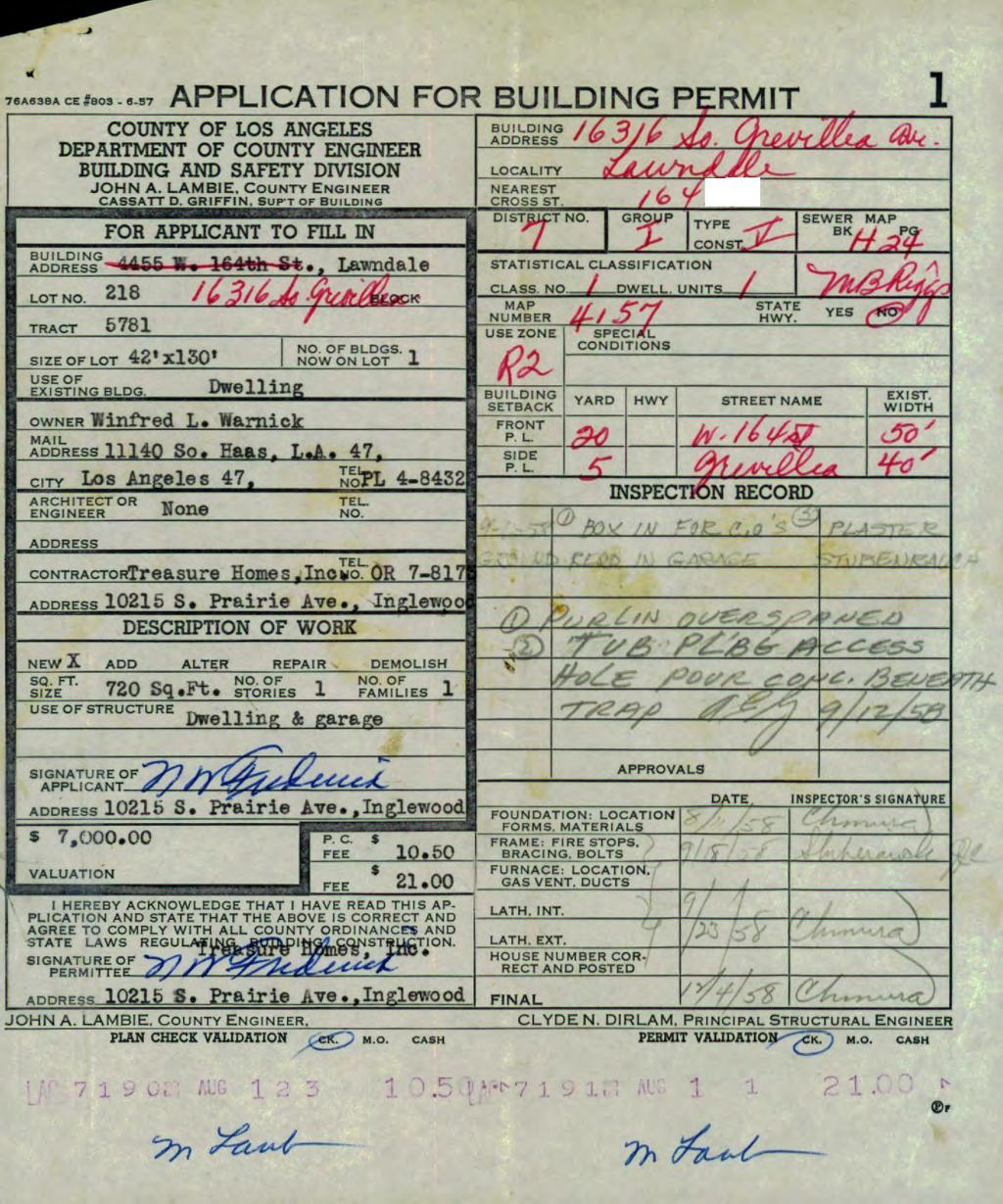 APPLICATION FOR BUILDING PERMIT 1 DEPARTMENT OF COUNTY ENGINEER JOHN A. LAMBIE. COUNTY Engineer CASSATT D. GRIFFIN. SUP'T OF BUILDING FOR APPUCANT TO FIU IN BUILDING ' 4456 Mw Lawndale LOT NO.